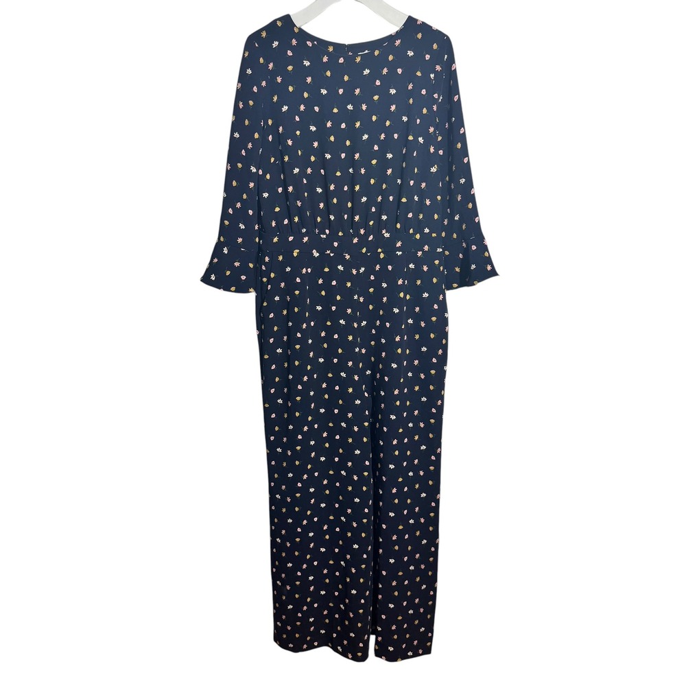 Boden Navy Blue Floral Wide Leg Jumpsuit Ruffle Sleeve US 10R